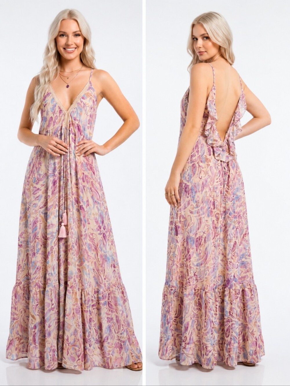 Pastel Marble Backless Maxi Dress with Ruffle Trim